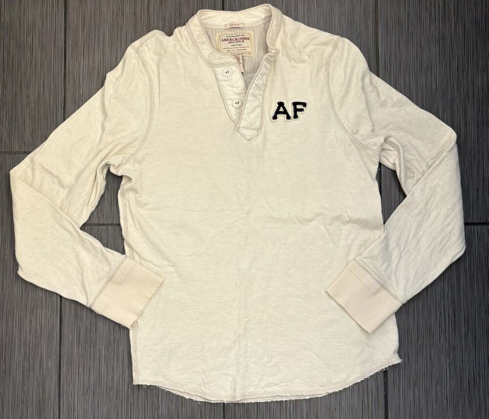 Vintage Abercrombie & Fitch Muscle Fit Henley Long Sleeve Shirt Cream Large Y2K